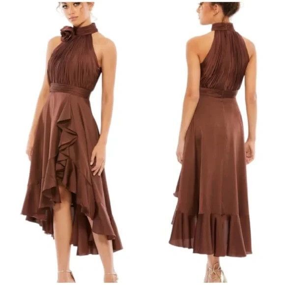 Mac Duggal 49488 Chocolate Halter Neck Flower Ruffled Midi Dress Sz 4 NWT - Picture 1 of 5
